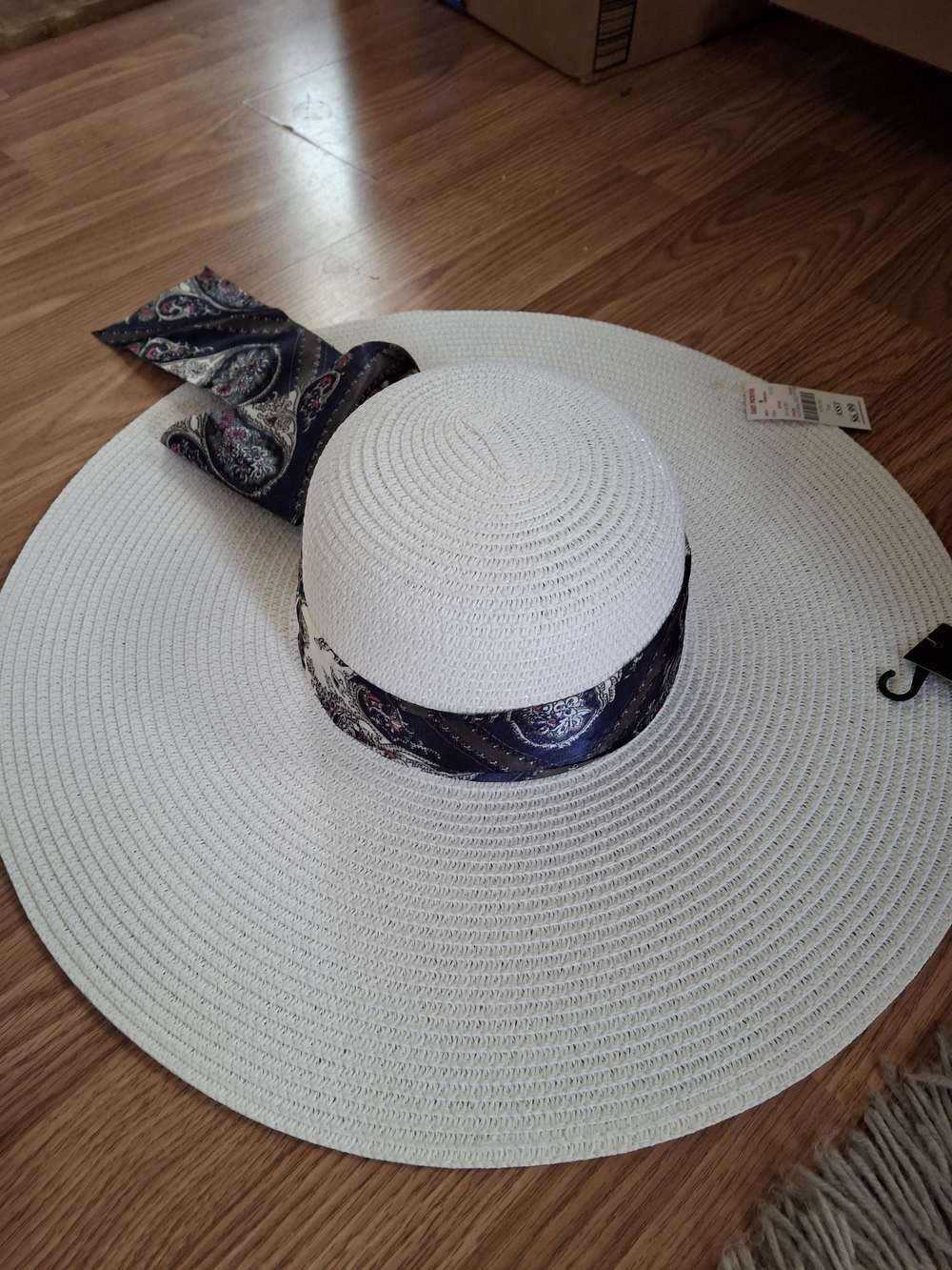 Wide Brim Straw Sun Hat with Navy Paisley Ribbon